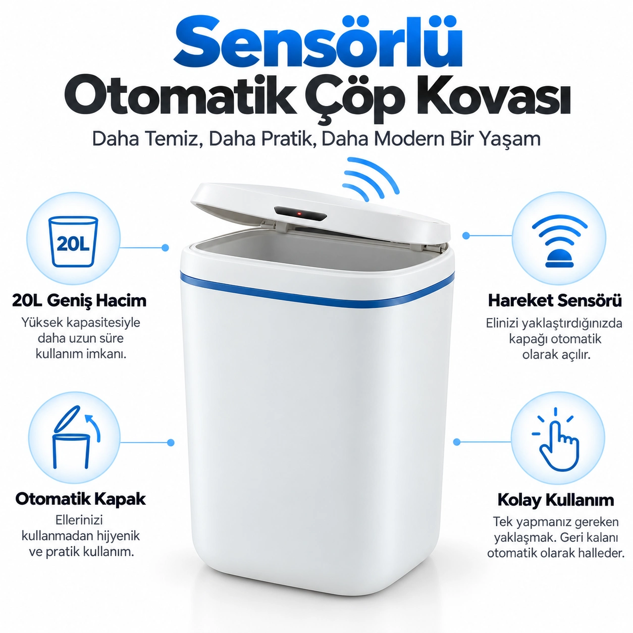 20 Litre Sensörlü Temassız Otomatik Çöp Kovası Beyaz