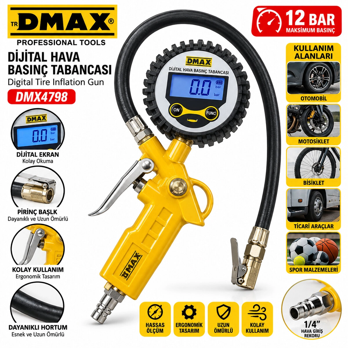 Dijital Hava Ölçme - Lastik Şişirme Tabancası 12 Bar Basınçlı - 1/4 Rekor Dmx-4798 Bx40