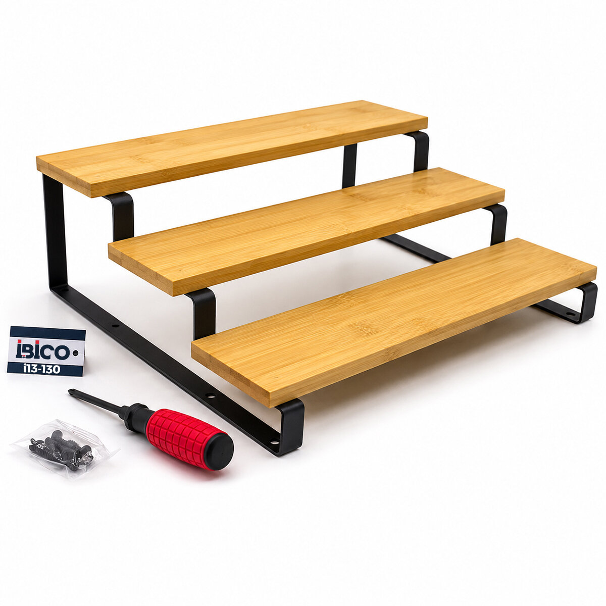 3 BASAMAKLI AHŞAP - BAMBU TEZGAH ÜSTÜ BAHARATLIK - DÜZENLEYİCİ STAND 29.5X23.5X10.5CM (5616)
