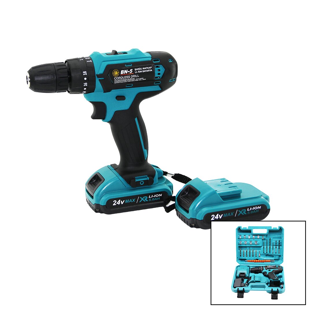 MAVİ 1250 RPM BN-5 F-136 CORDLESS DRILL FULL ŞARJLI=24V=5.0Ah - 2 BATARYA MATKAP SETİ ÇANTALI (5616)