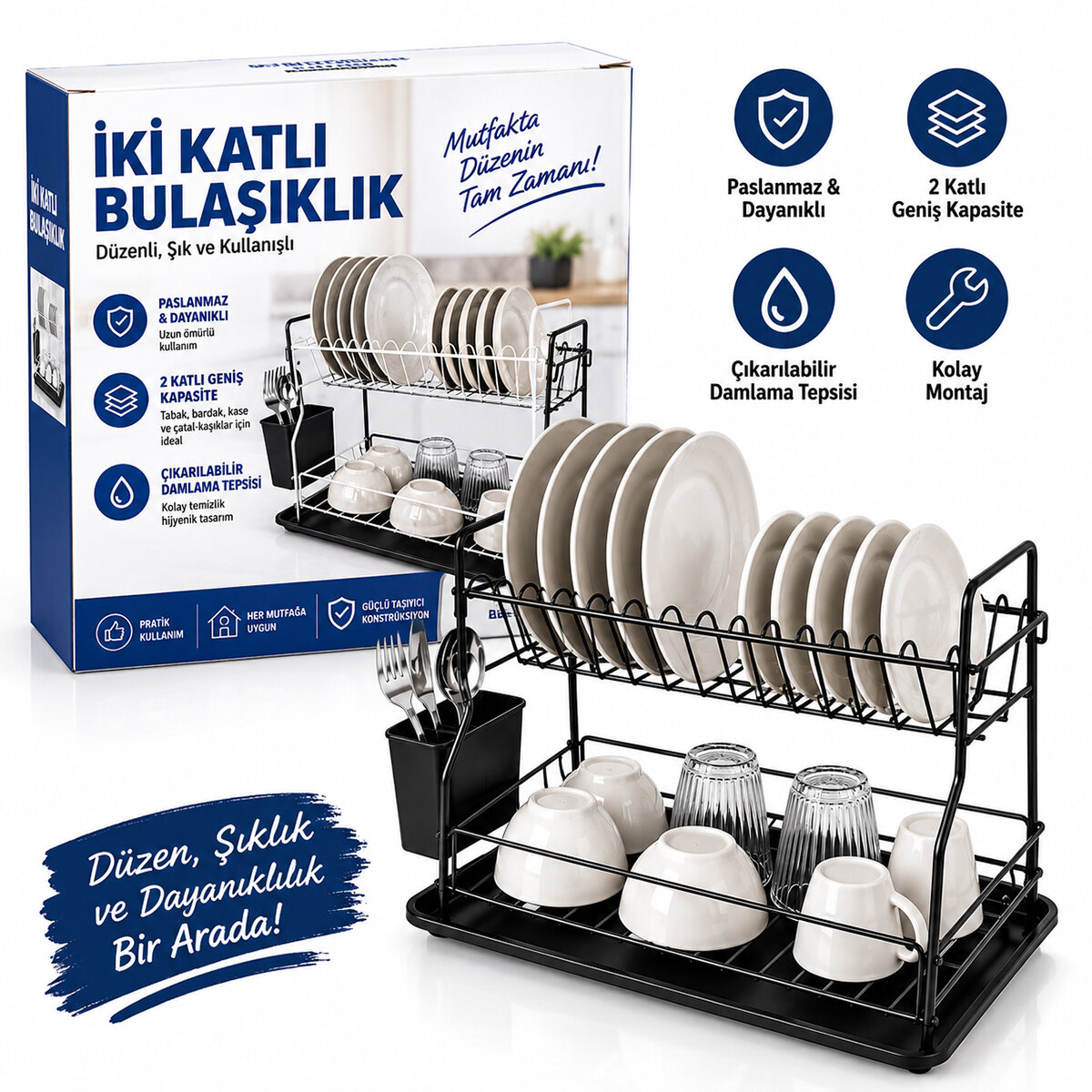 SİYAH - METAL 2 KATLI TABAKLIK - BULAŞIKLIK (5616)