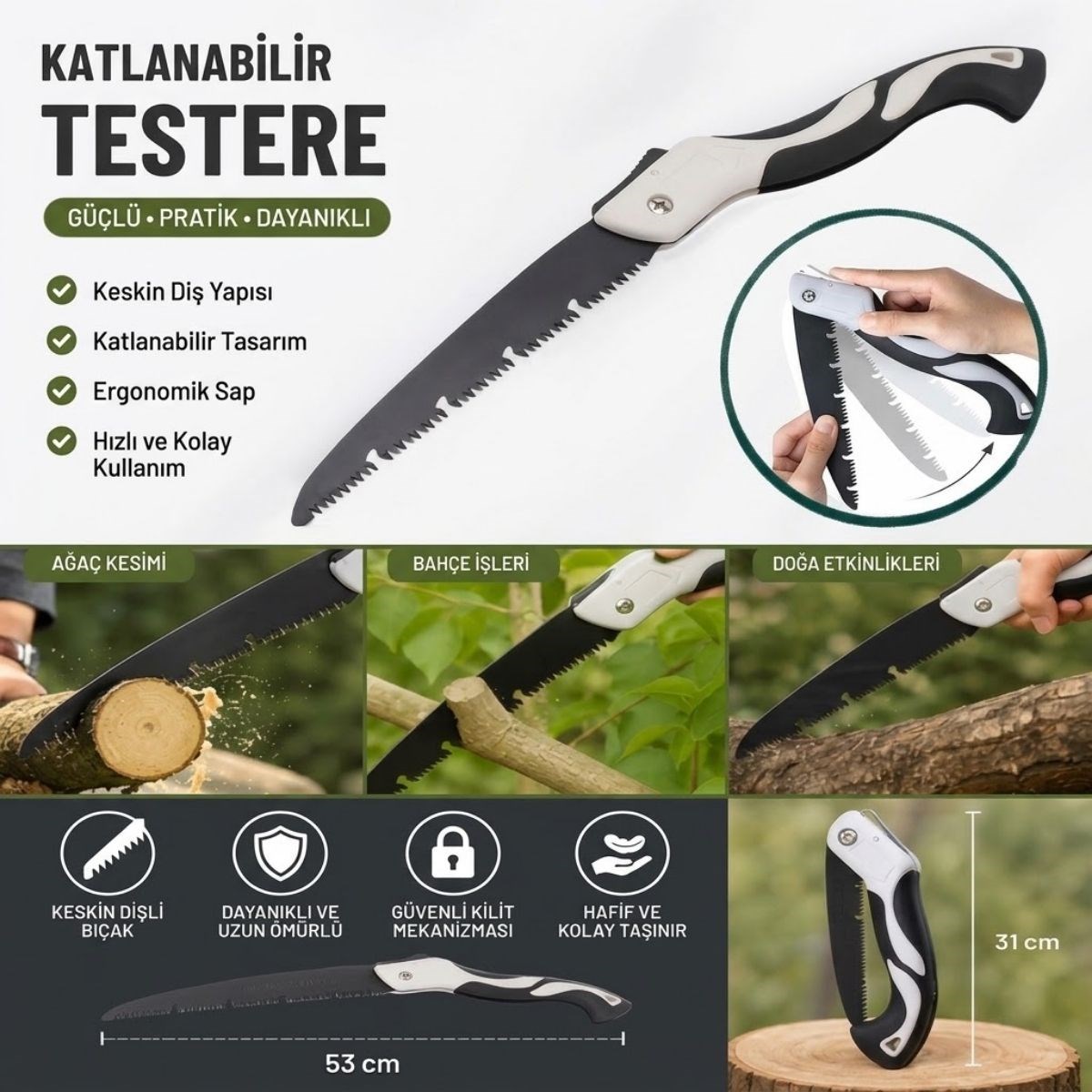 53 cm Katlanır Pelikan Testere, Büyük Boy, El Testeresi, Katlanabilir Budama ve Kesim Testeresi, Kamp, Bahçe ve Ahşap Kesim Testeresi (5616)