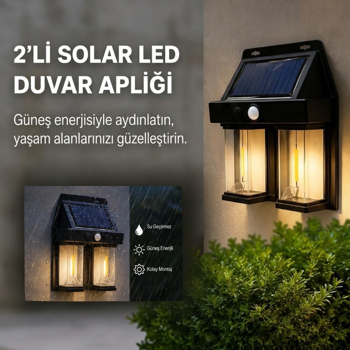 2'li Solar Güneş Enerjili LED Duvar Apliği, Hareket Sensörlü, Şarjlı, Kablosuz Dış Mekân Bahçe ve Kapı Lambası (5616)