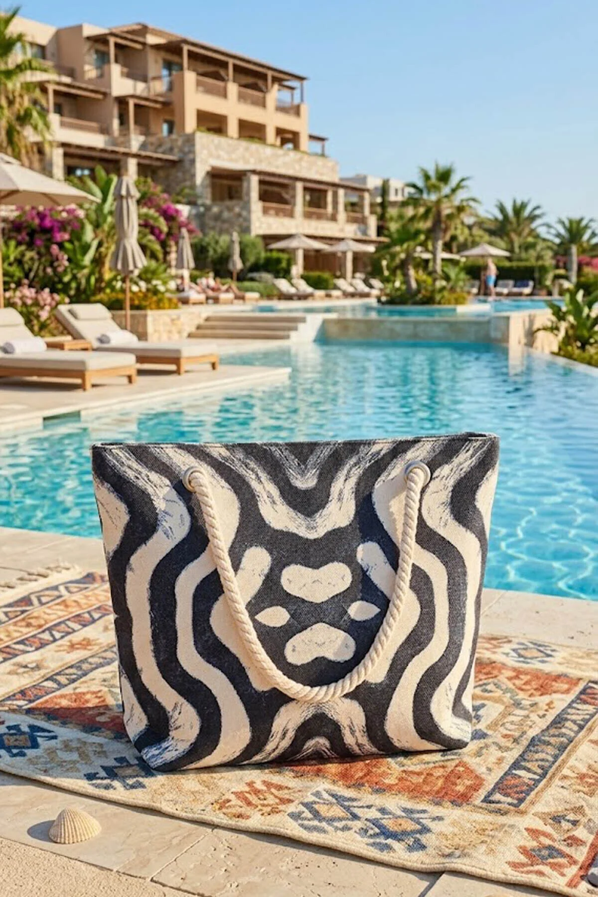 Büyük Boy Plaj Çantası 40×30 cm - Fermuarlı Günlük Omuz, Alışveriş ve Tatil Çantası