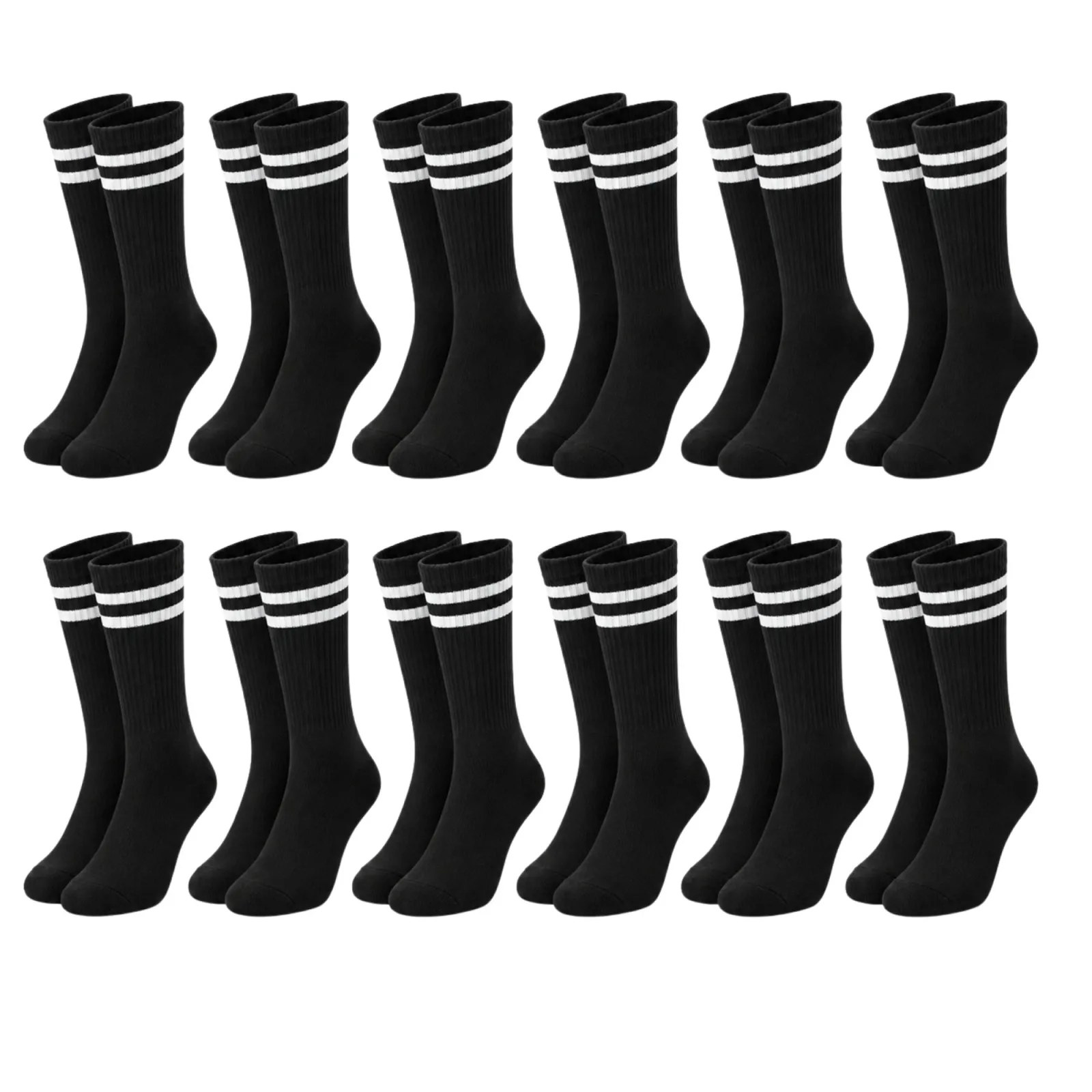 Unisex Siyah Çorap Beyaz Çizgili 12`li Set Uzun Soket Günlük Spor Kolej Stil Kadın Erkek Çorabı