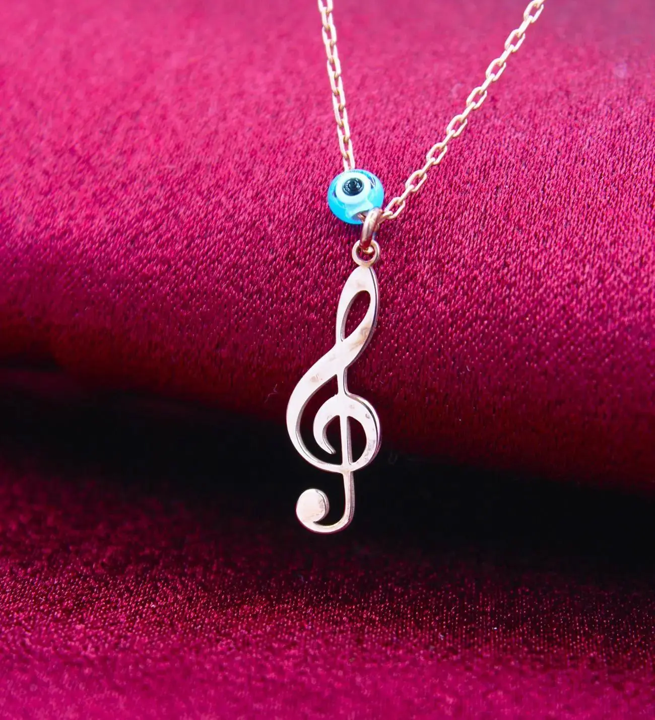 14K Altın Kaplama / Gümüş Nota Kolye – Nazar Boncuklu