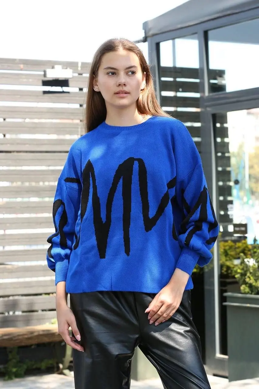 Siyah çizgili bisiklet yaka kazak Saks