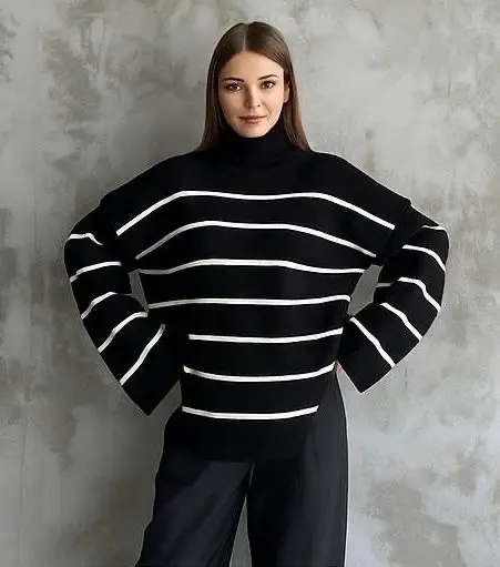 Çizgili ispanyol kol triko boğazlı kazak siyah elf