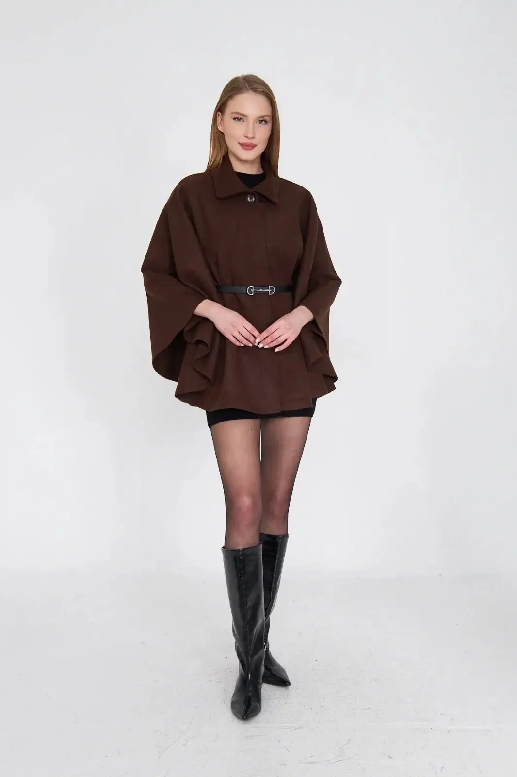 Kemerli kaşe panço kahve pt