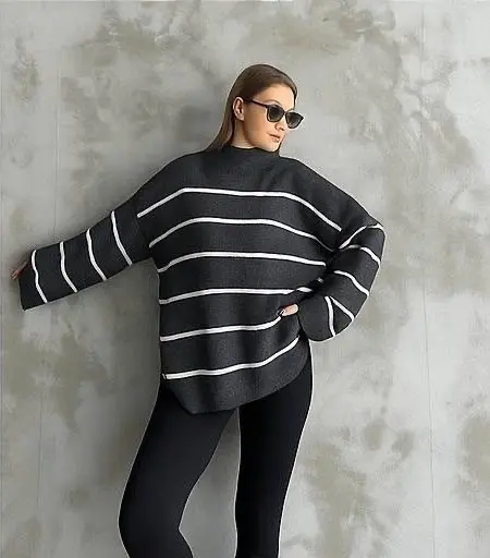 Çizgili ispanyol kol triko boğazlı kazak antrasit elf