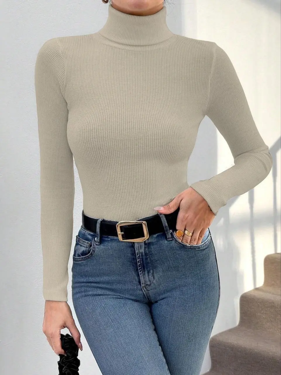 Balıkçı yaka dar kesim kaşkorse kazak bej w3103