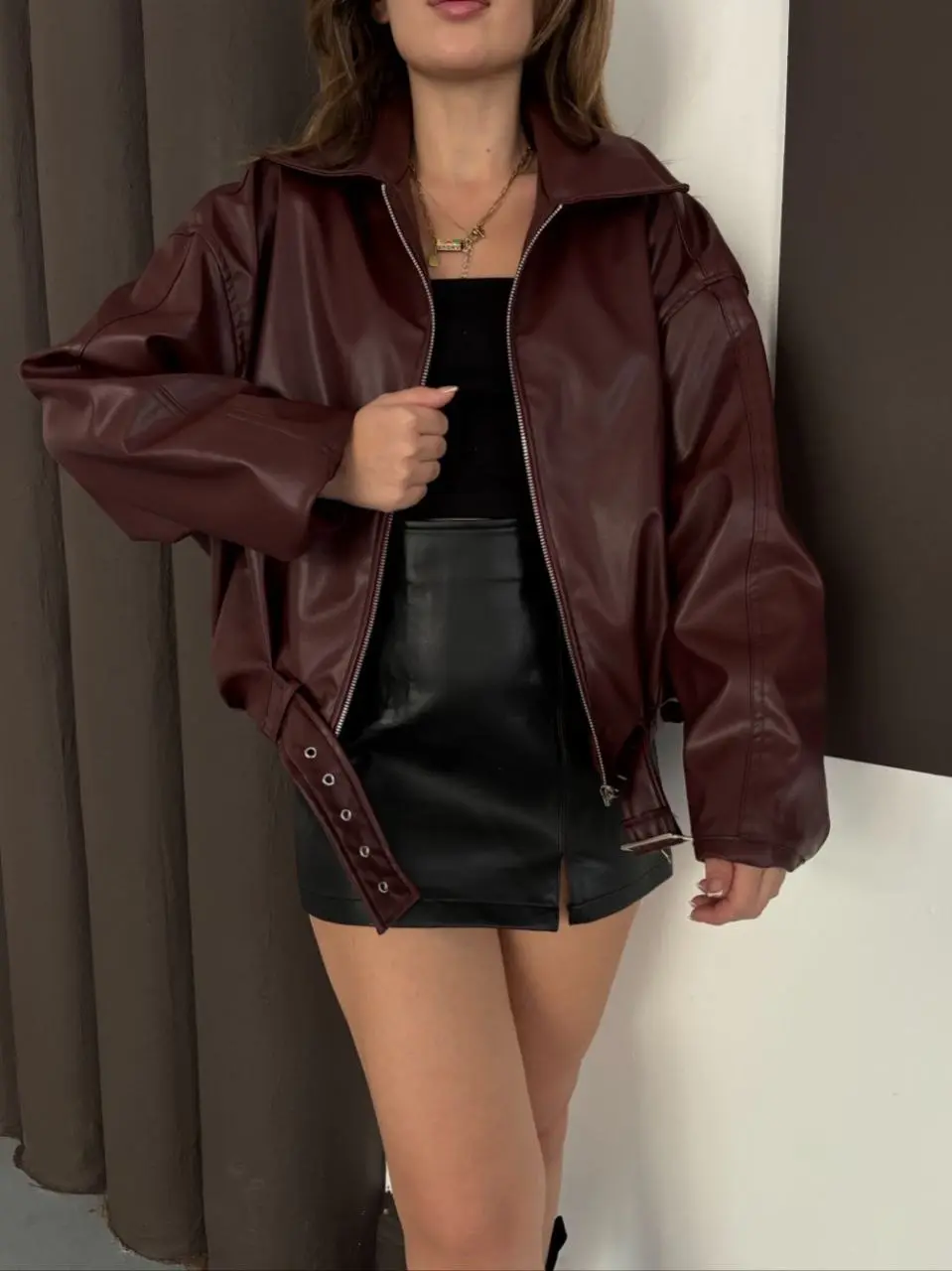 Astarlı kemerli pb deri ceket bordo onst