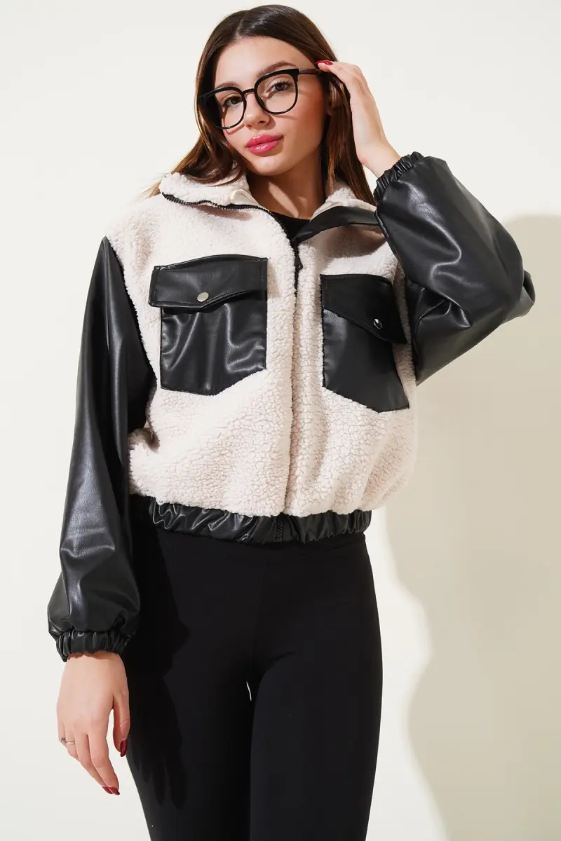 Deri garnili cepli peluş mont siyah t1253