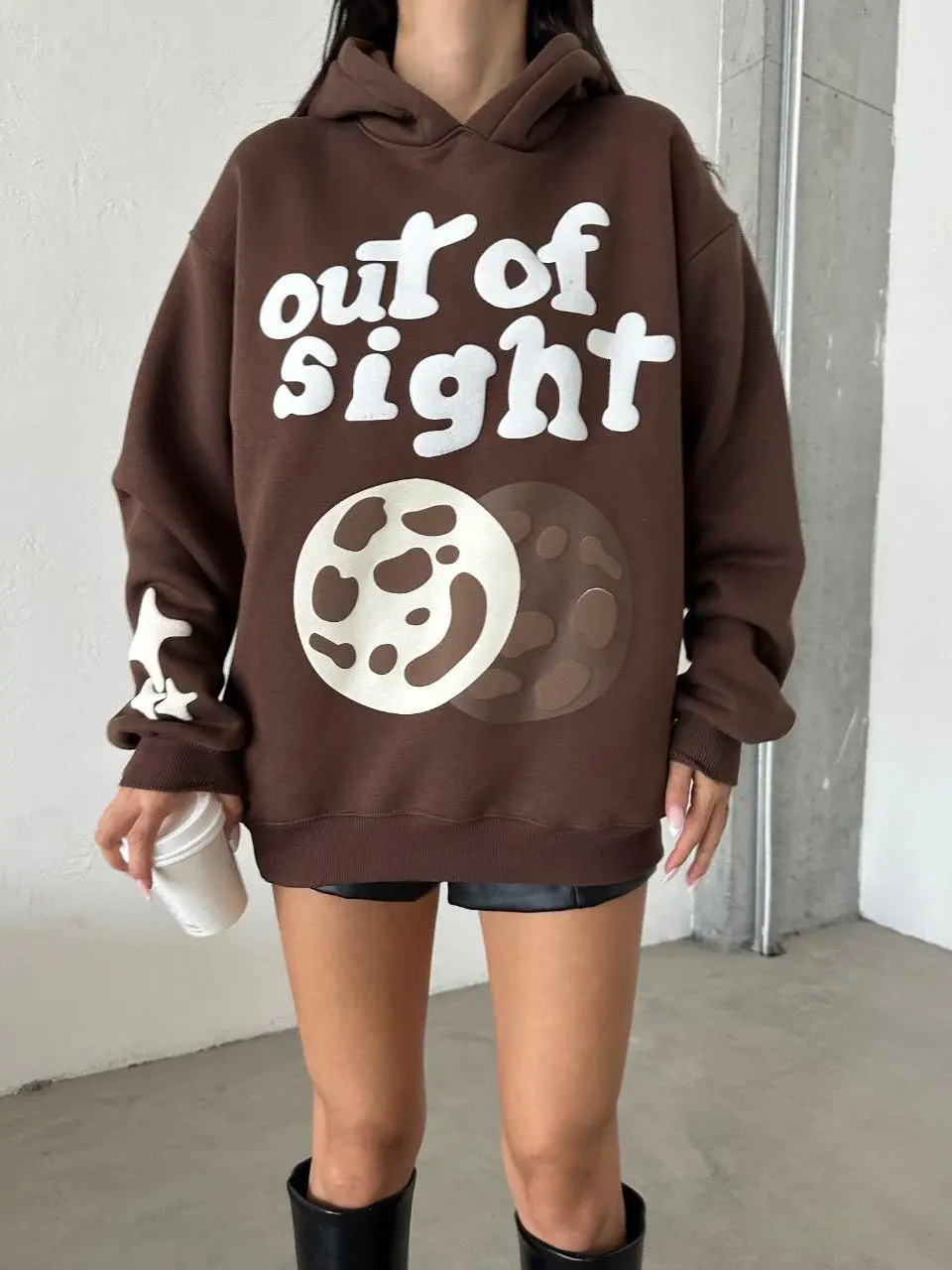 3 iplik şardonlu oversize out of baskılı sweat kahve