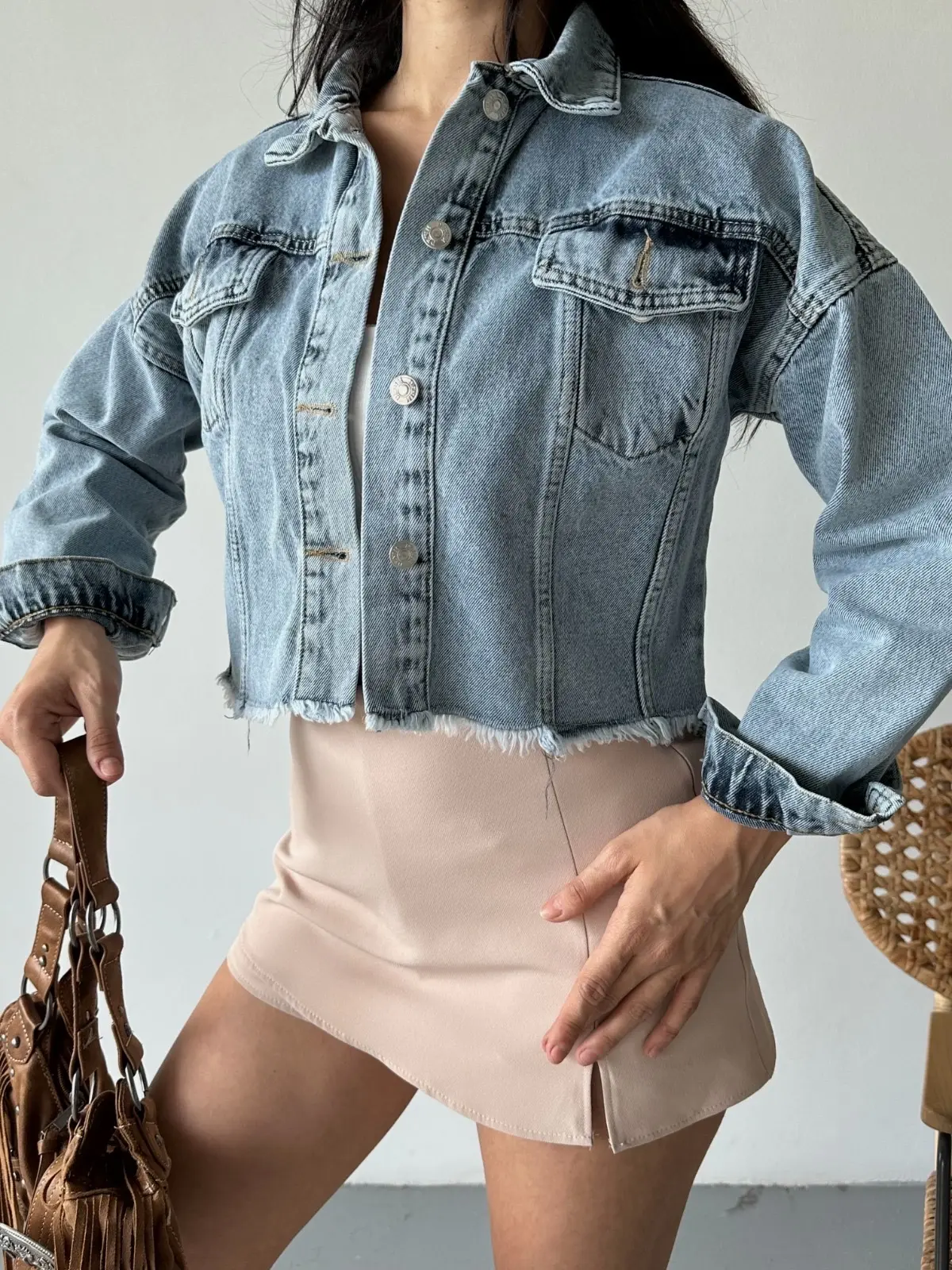 Çift kapaklı püsküllü crop buz mavi d2002