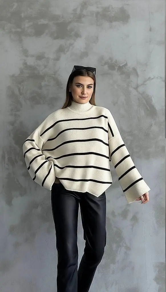 Çizgili ispanyol kol triko boğazlı kazak beyaz elf