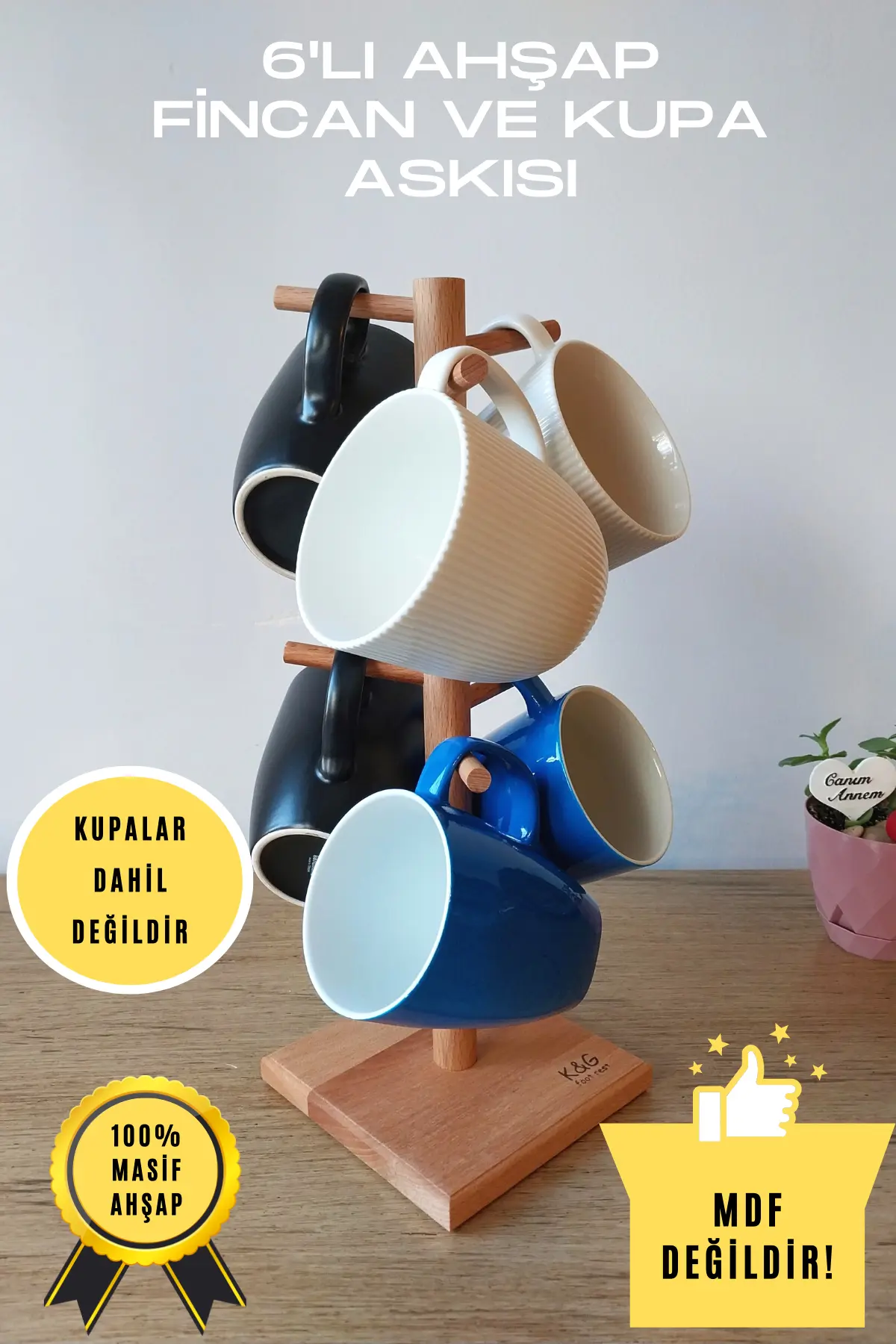 Fincan Ve Kupa Askılığı 6`lı Ahşap Askılık (SADECE ASKILIK)