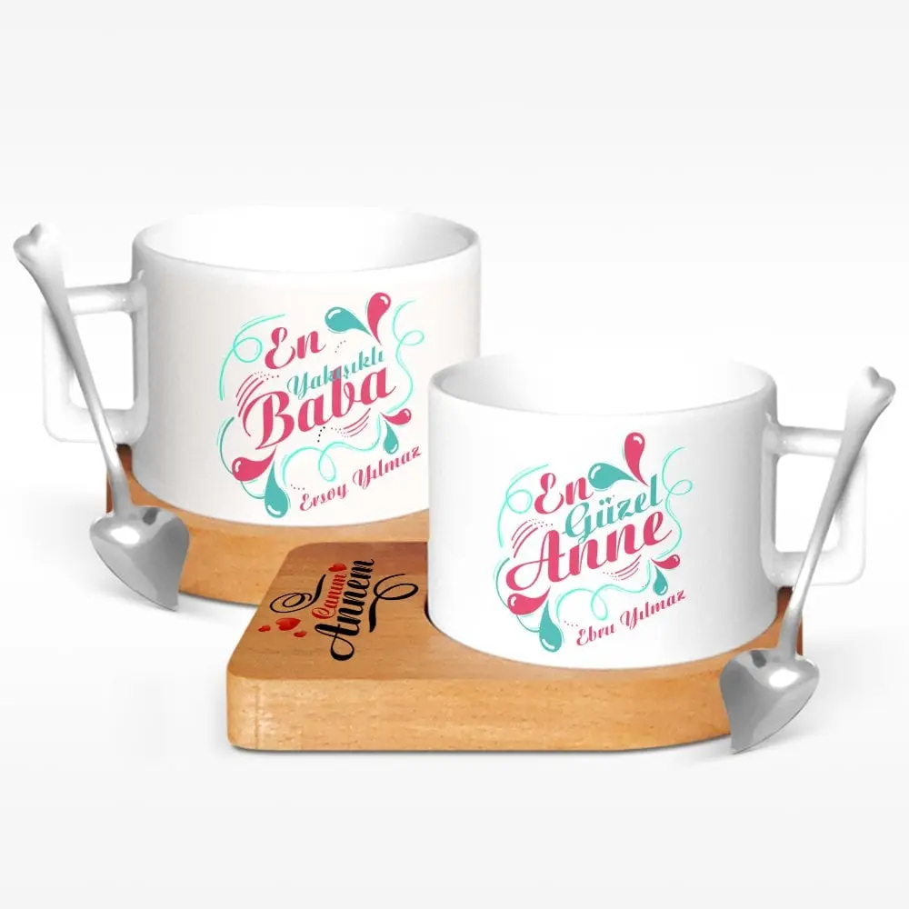 Kişiye Özel İkili Anne & Baba Ahşap Altlıklı Seramik Fincan - 4