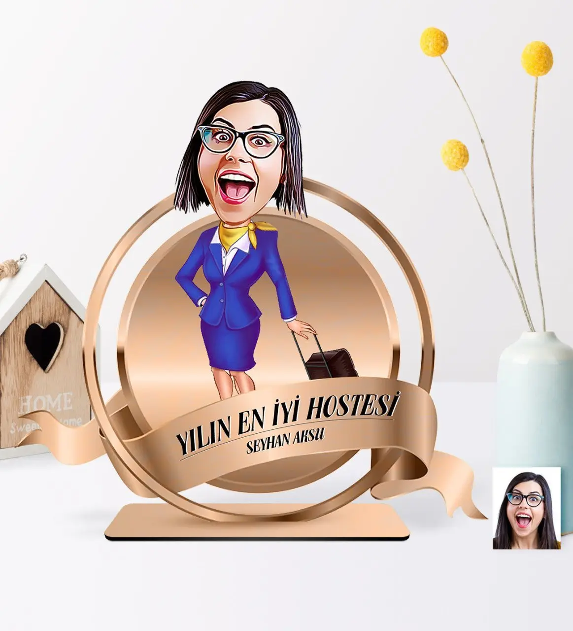 Hostesi Kişiye Özel Yılın En İyi Hostesi Karikatürlü 3D Ahşap Biblo Plaket - 2 ...