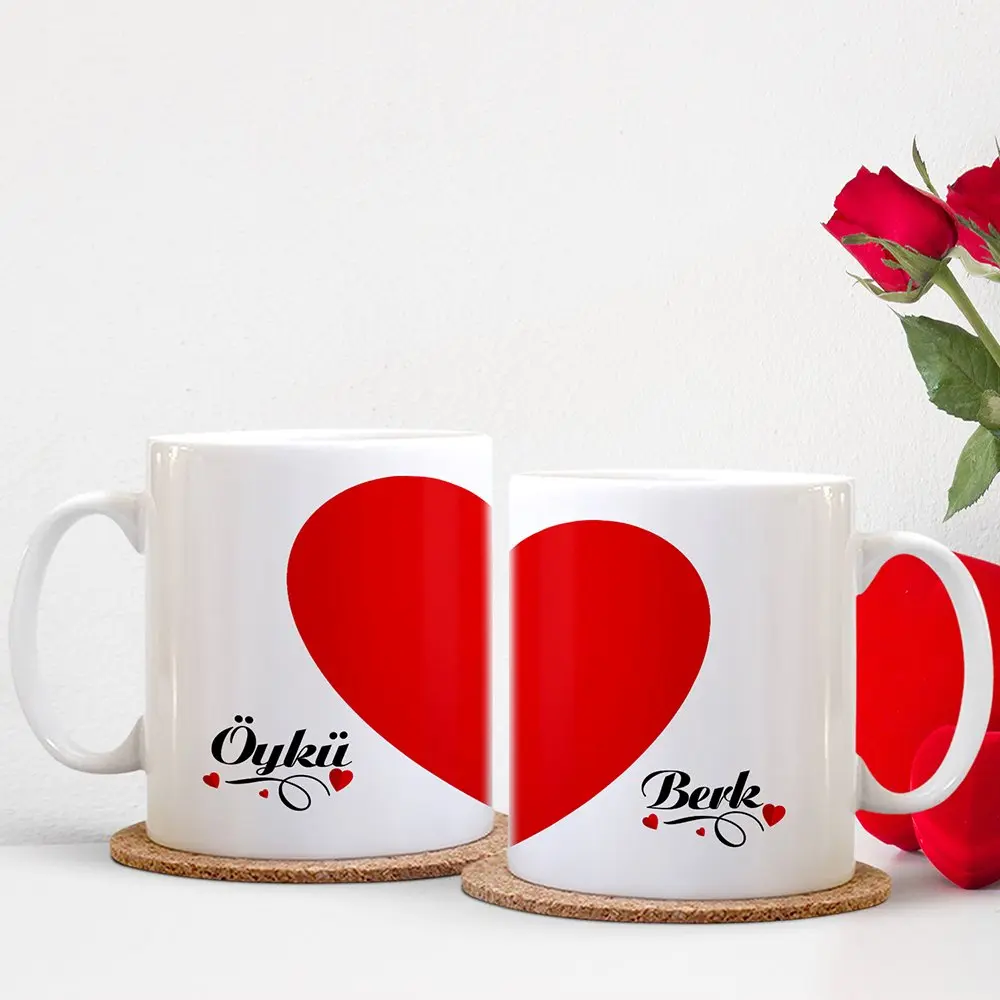 Kişiye Özel İkili Kalbimin Yarısı Beyaz Sevgili Kupası
