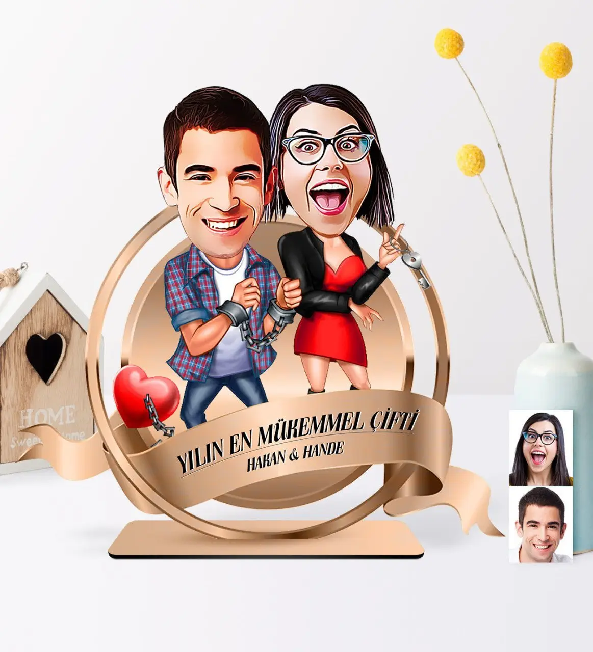 Kişiye Özel Yılın En Mükemmel Çifti Karikatürlü Ahşap Biblo Plaket - 1