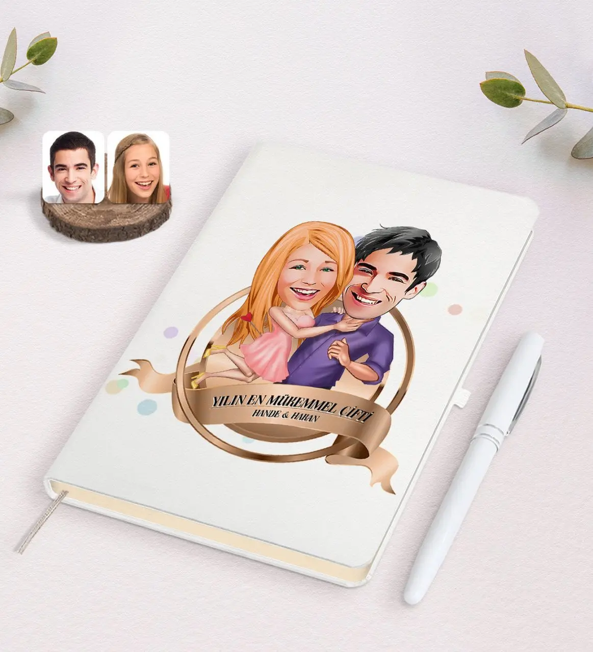 Kişiye Özel Yılın En Mükemmel Çifti Karikatürlü Beyaz Defter ve Kalem Hediye Seti-3