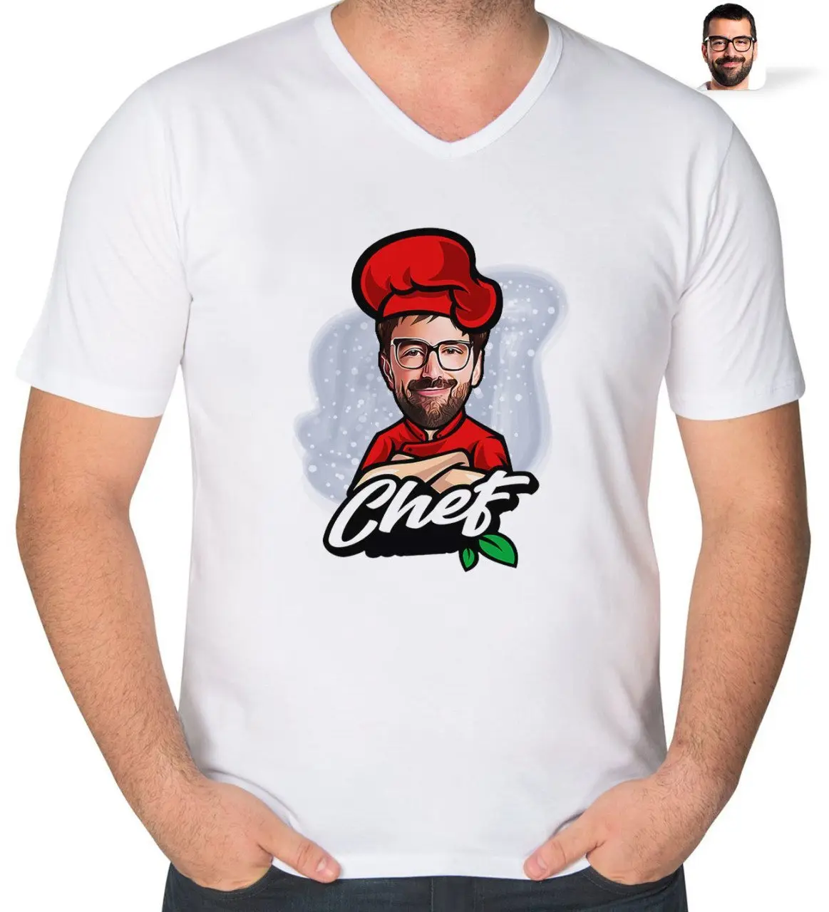 Kişiye Özel Erkek Chef Karikatürlü V Yaka Tişört-10