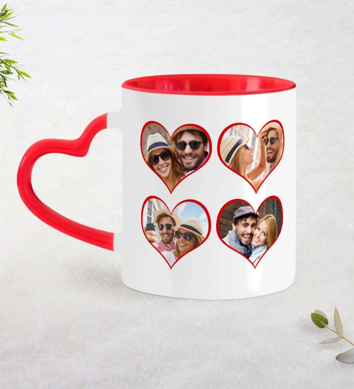 Kişiye Özel Kalpli 4 Fotoğraflı Kırmızı Kalpli Kupa Bardak-1