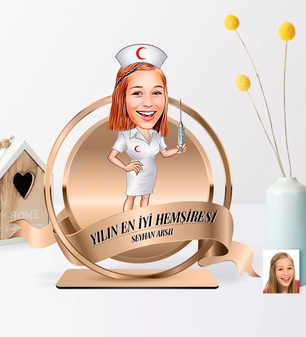 Kişiye Özel Yılın En İyi Hemşiresi Karikatürlü 3D Ahşap Biblo Plaket - 1
