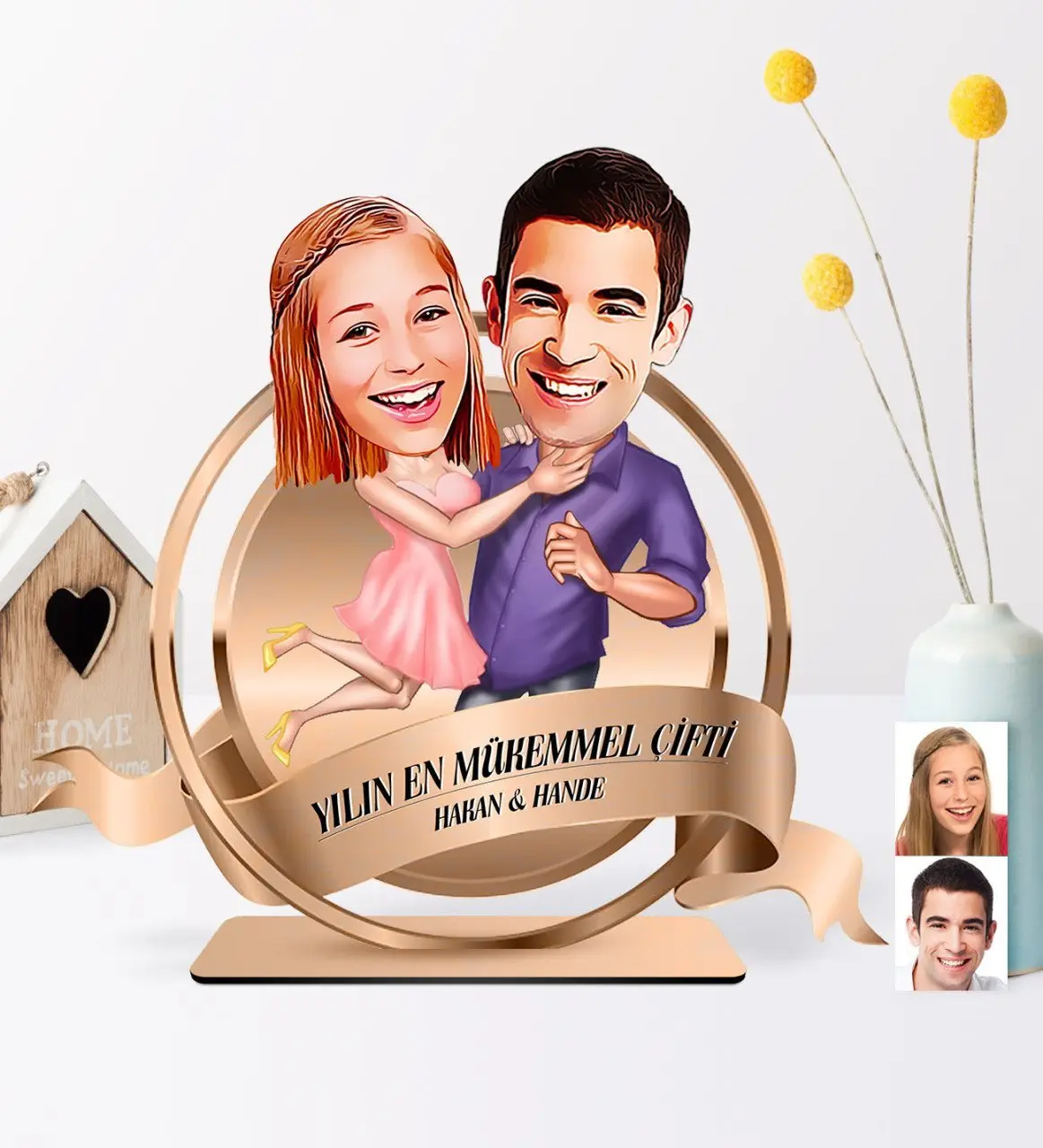 Kişiye Özel Yılın En Mükemmel Çifti Karikatürlü Ahşap Biblo Plaket - 3