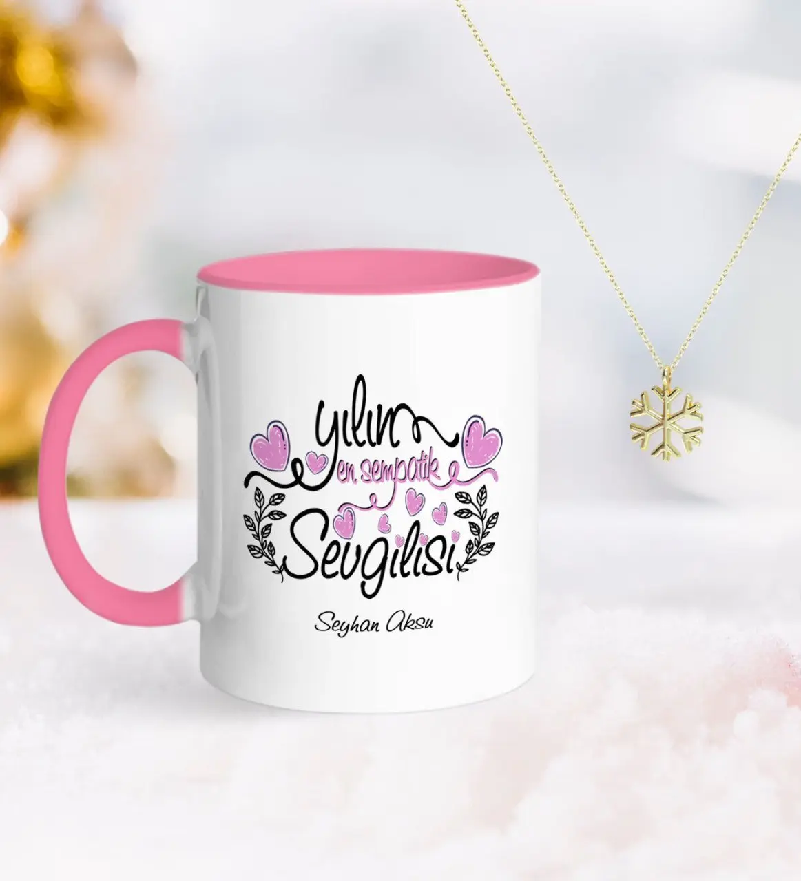 Kişiye Özel Yılın En Sempatik Sevgilisi Pembe Kupa ve Kar Tanesi Kolye