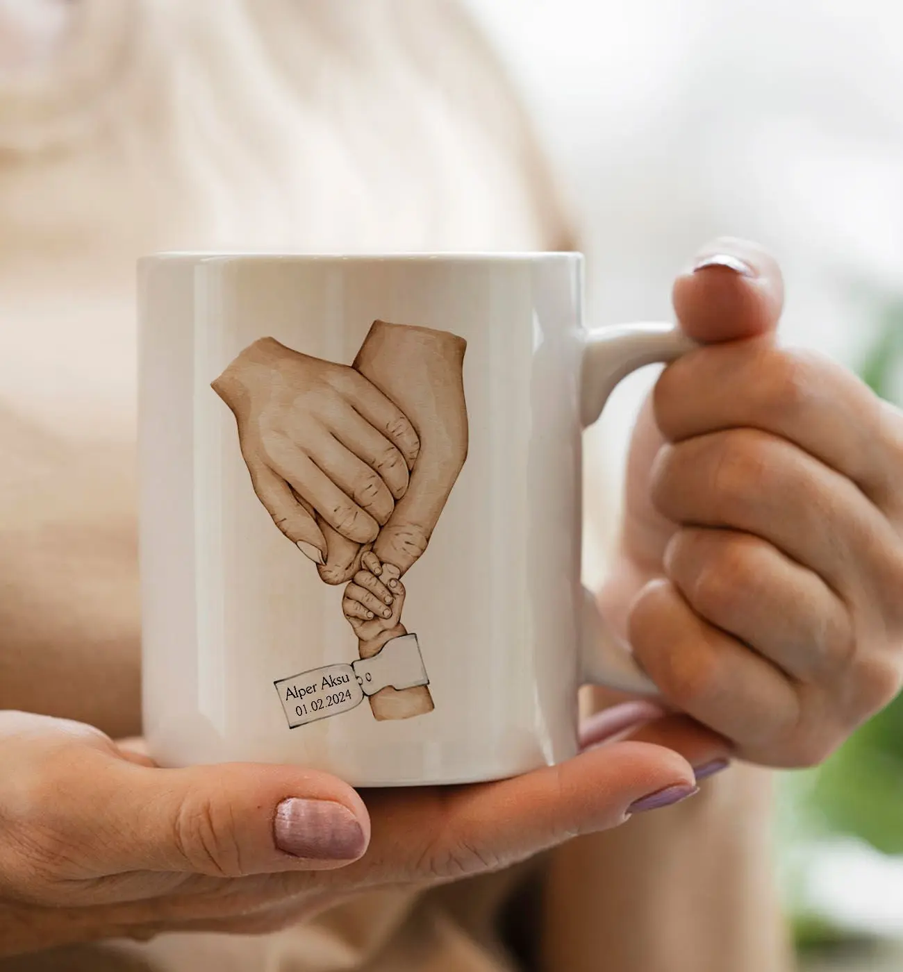 BK Gift Kişiye Özel Aile El Tasarımlı Beyaz Kupa Bardak -5, Anneye Hediye, Yeni Doğum Hediyesi