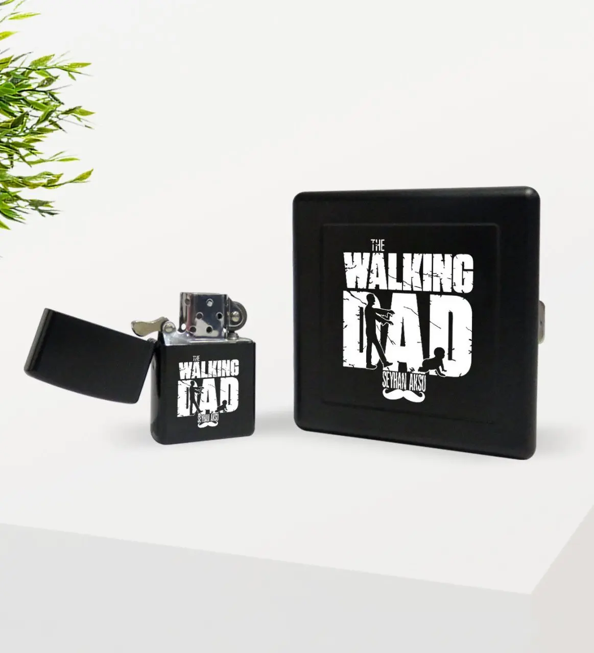 Kişiye Özel The Walking Dad Tasarımlı Siyah Metal Sigara Tabakası ve Benzinli Çakmak Seti-2