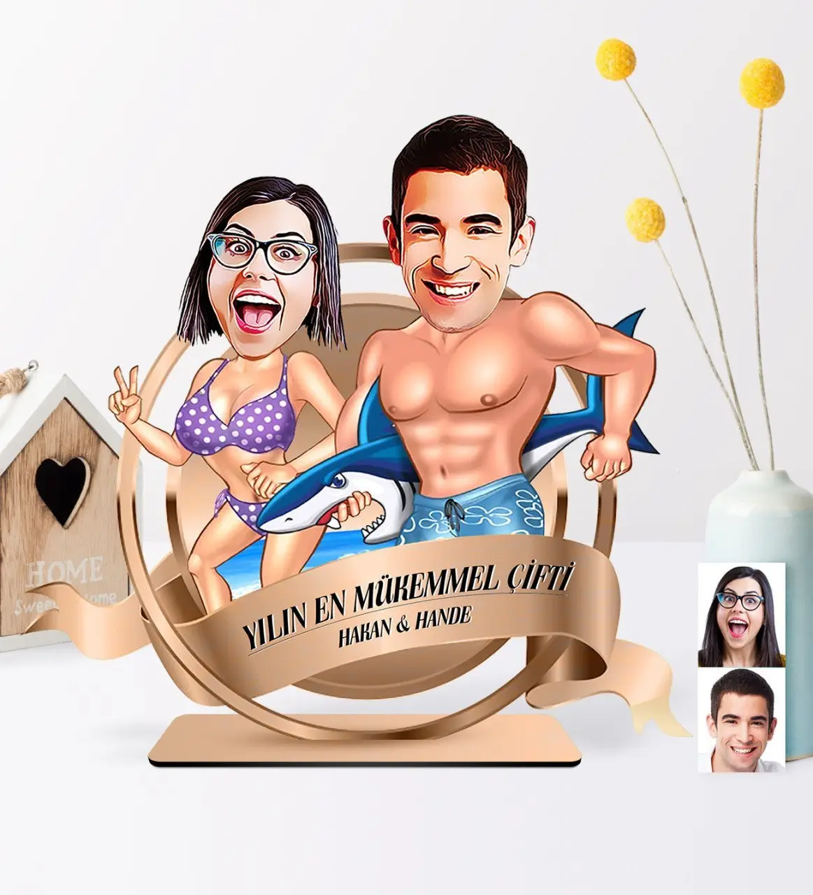 Kişiye Özel Yılın En Mükemmel Çifti Karikatürlü 3D Ahşap Biblo Plaket - 8