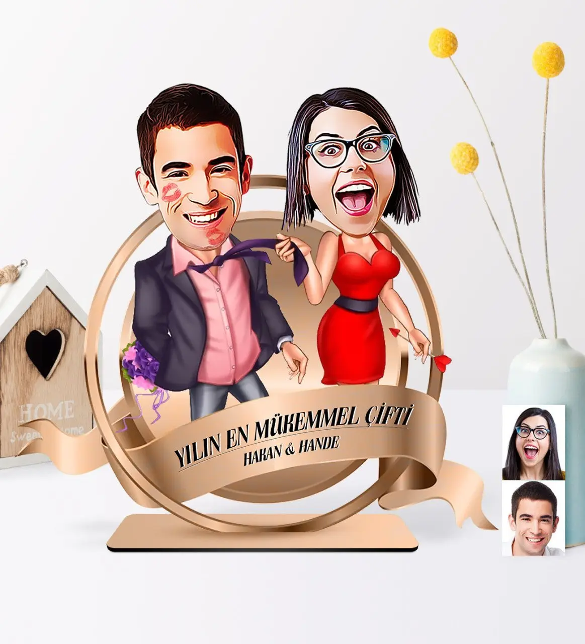 Kişiye Özel Yılın En Mükemmel Çifti Karikatürlü Ahşap Biblo Plaket - 4