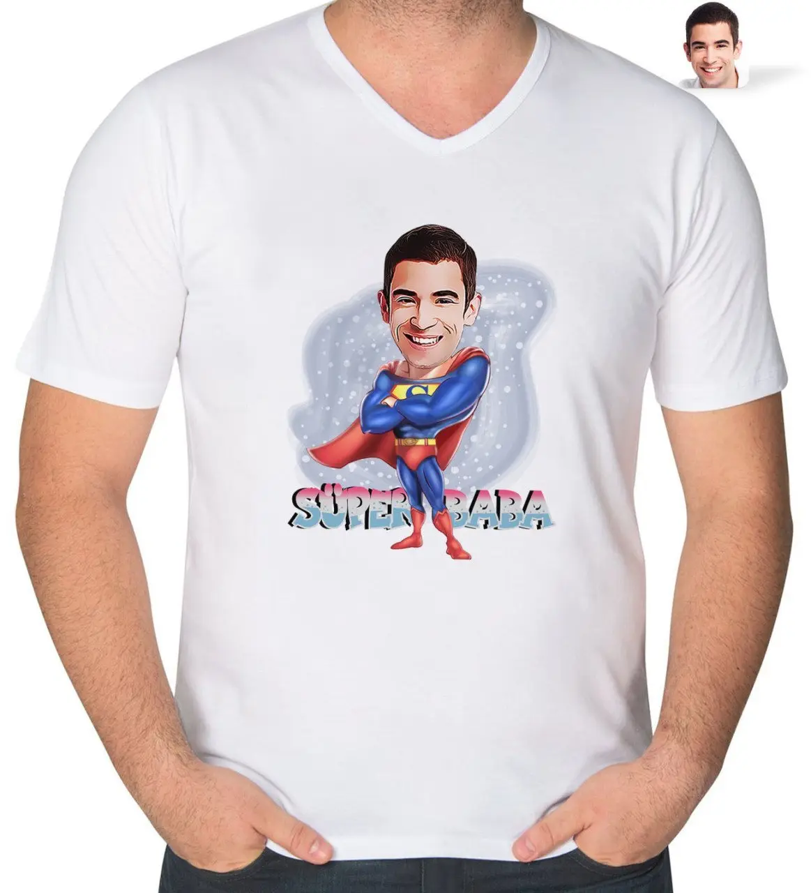 Kişiye Özel Süper Baba Karikatürlü V Yaka Tişört-1