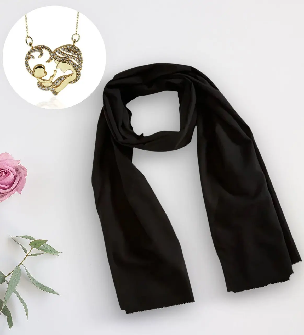 BK Gift Kadınlara Özel Siyah Şal ve  Zirkon Taşlı Anne-Bebek Kalp Kolye
