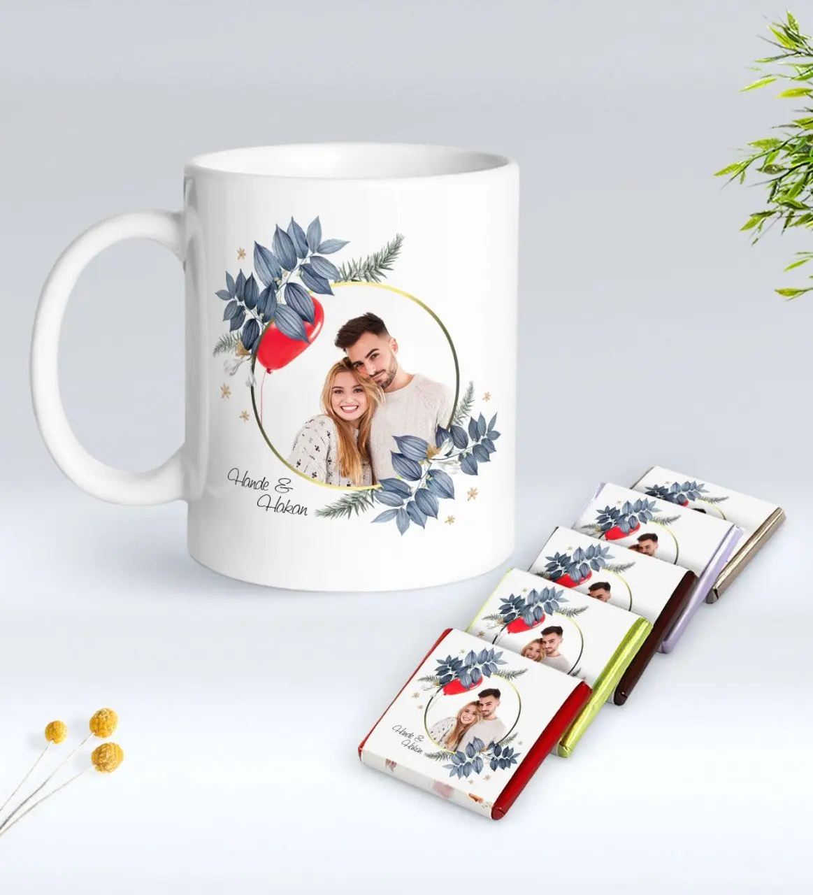 Kişiye Özel İsimli Fotoğraflı Beyaz Kupa ve Çikolata Hediye Seti-34