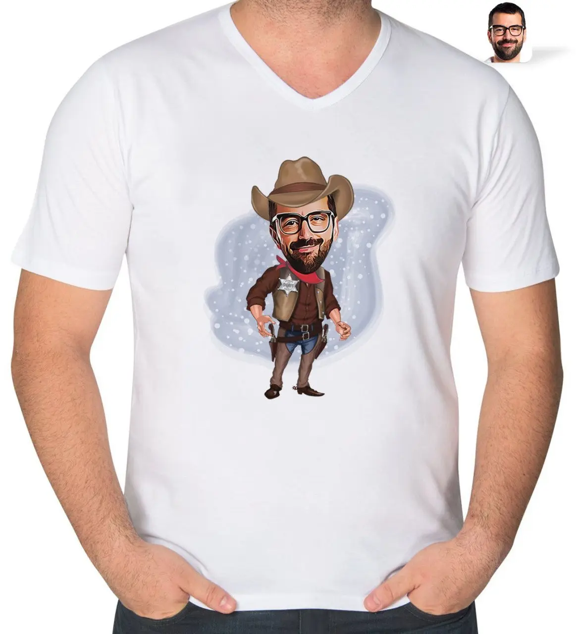 Kişiye Özel Kovboy Karikatürlü V Yaka Tişört-1