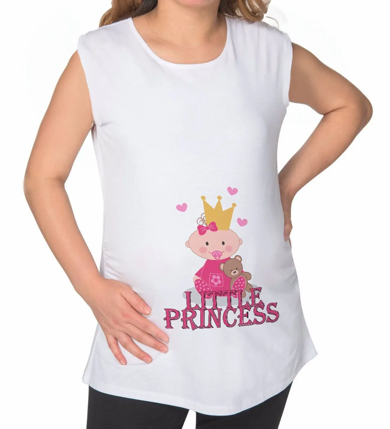 BK Gift Little Princess Tasarımlı Beyaz Sıfır Kol Hamile Tişört-2, Hamile Giyim, Eşe Hediye