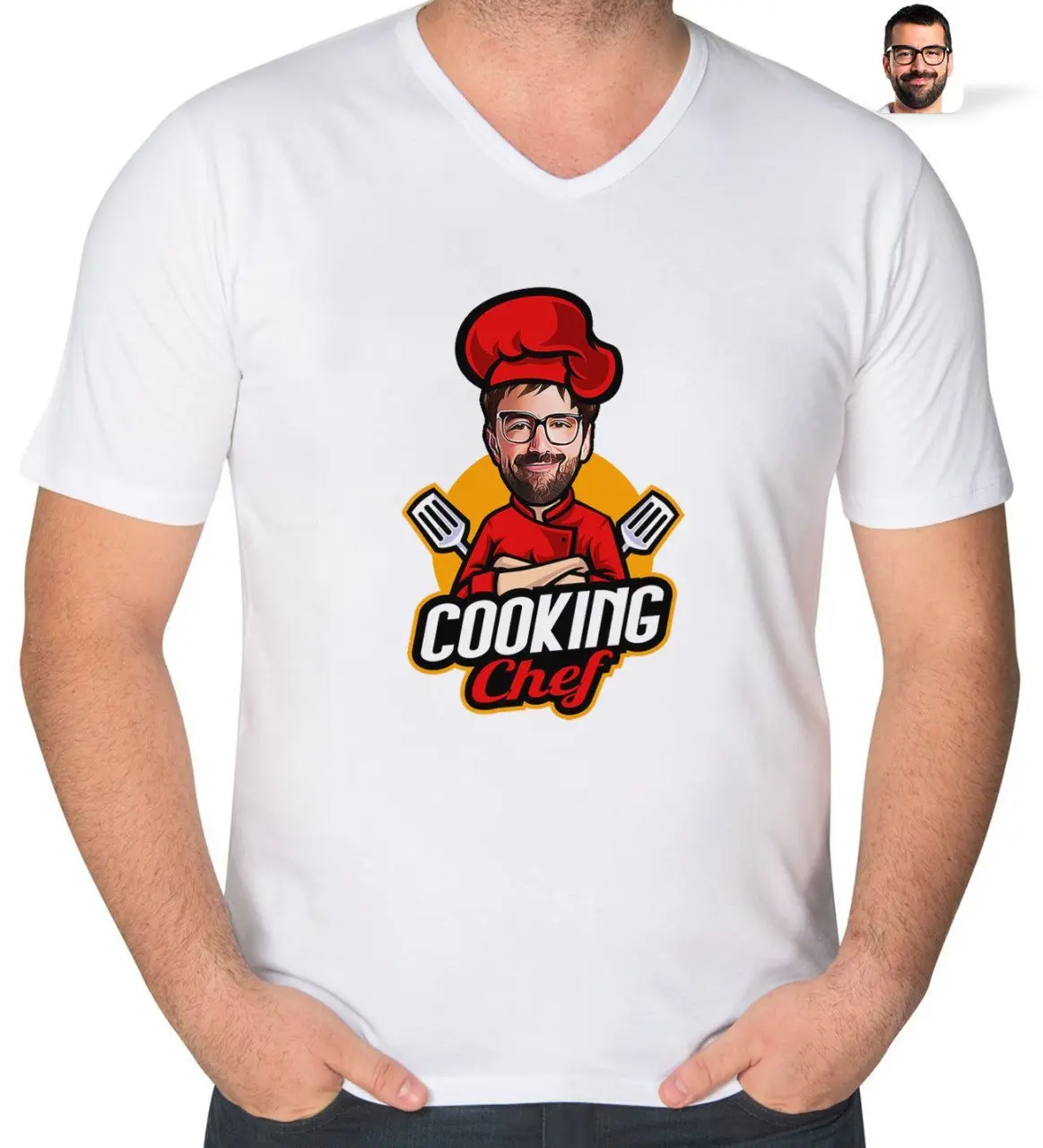 Kişiye Özel Erkek Chef Karikatürlü V Yaka Tişört-11