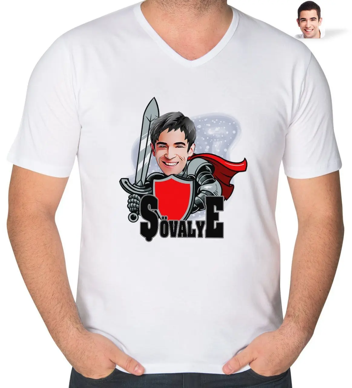 Kişiye Özel Şövalye Karikatürlü V Yaka Tişört-2