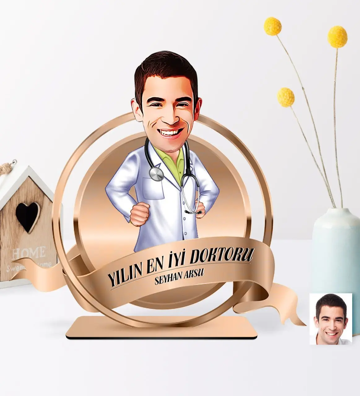 Kişiye Özel Yılın En İyi Bay Doktoru Karikatürlü 3D Ahşap Biblo Plaket - 2