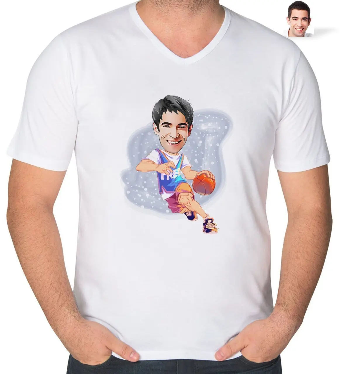 Kişiye Özel Erkek Basketbolcu Karikatürlü V Yaka Tişört-2