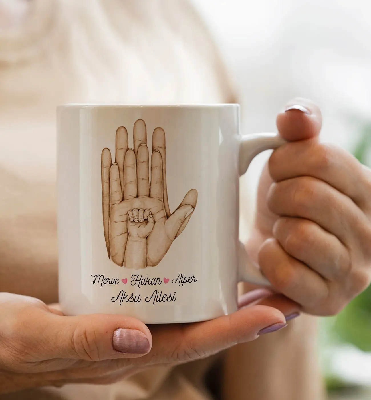 BK Gift Kişiye Özel Aile El Tasarımlı Beyaz Kupa Bardak -4, Anneye Hediye, Yeni Doğum Hediyesi