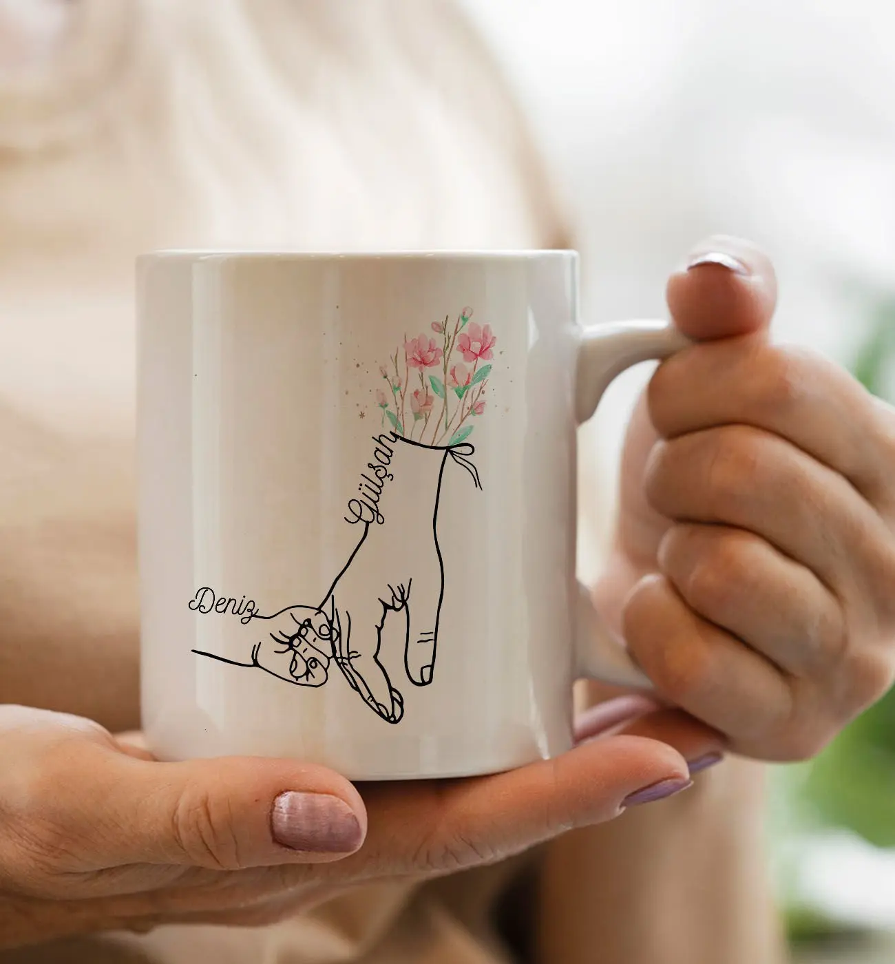 BK Gift Kişiye Özel Anne-Çocuk El Tasarımlı Kupa Bardak -1, Anneye Hediye, Yeni Doğum Hediyesi