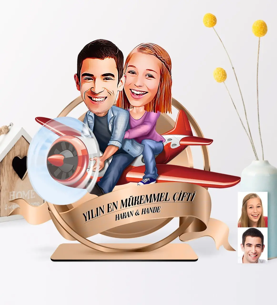 Kişiye Özel Yılın En Mükemmel Çifti Karikatürlü 3D Ahşap Biblo Plaket - 11