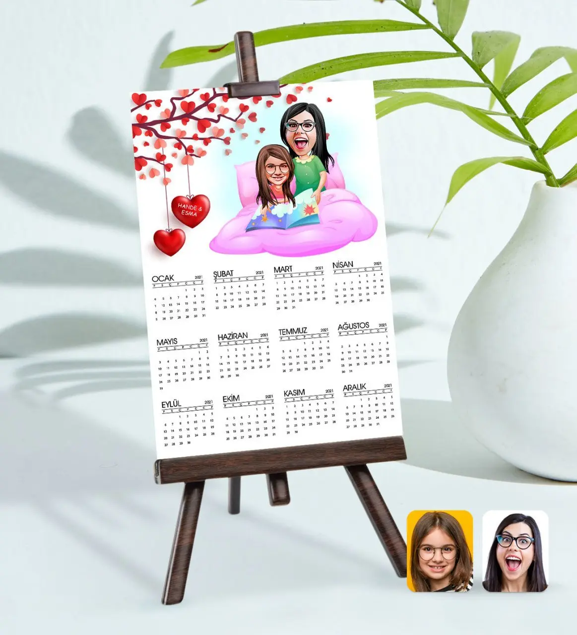 BK Gift Kişiye Özel 15x21 cm Fotoğraf Kartlı Anne Kız Karikatürlü Şövaleli 2023 Takvim -3