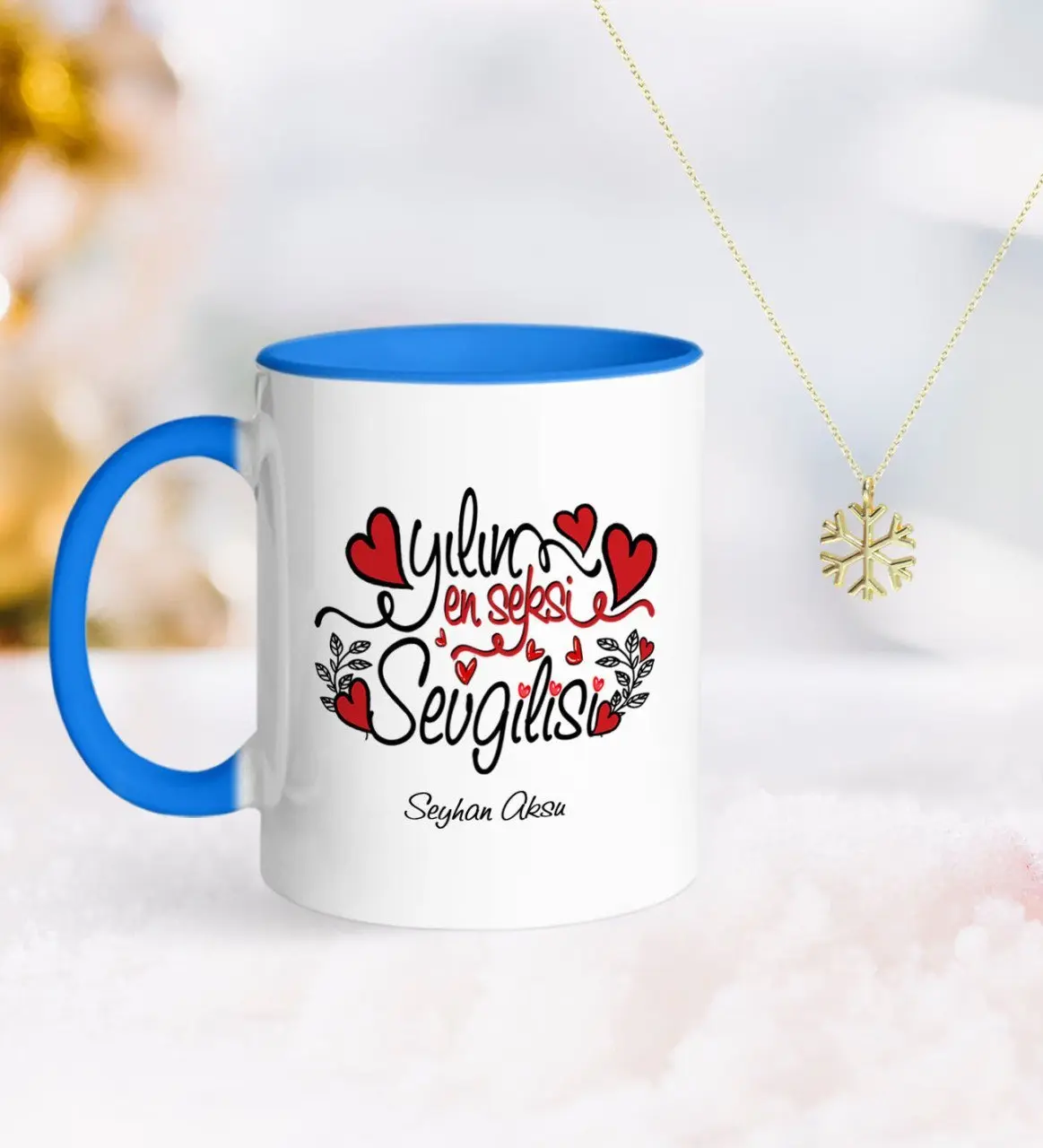 Kişiye Özel Yılın En Seksi Sevgilisi Mavi Kupa ve Kar Tanesi Kolye