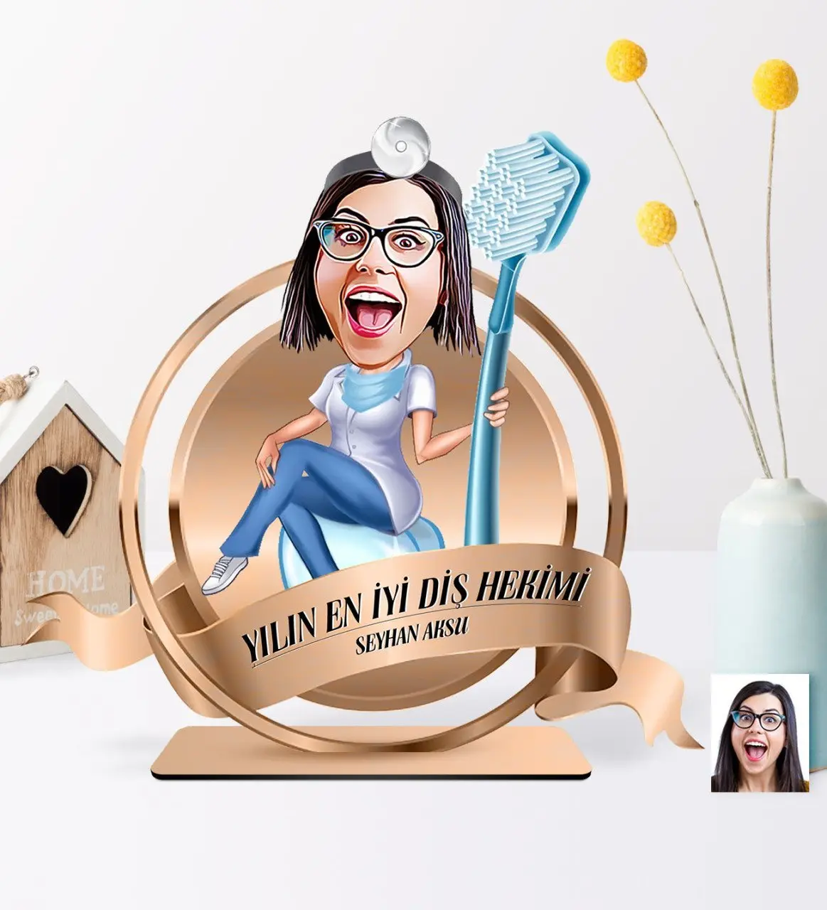 Kişiye Özel Yılın En İyi Bayan Diş Hekimi Karikatürlü 3D Ahşap Biblo Plaket - 2